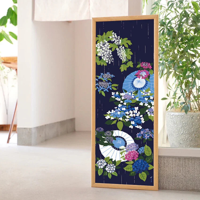 Tenugui Samidare Ni Ajisai Hamamonyo – Tenugui, 100 % Baumwolle, Made in Japan