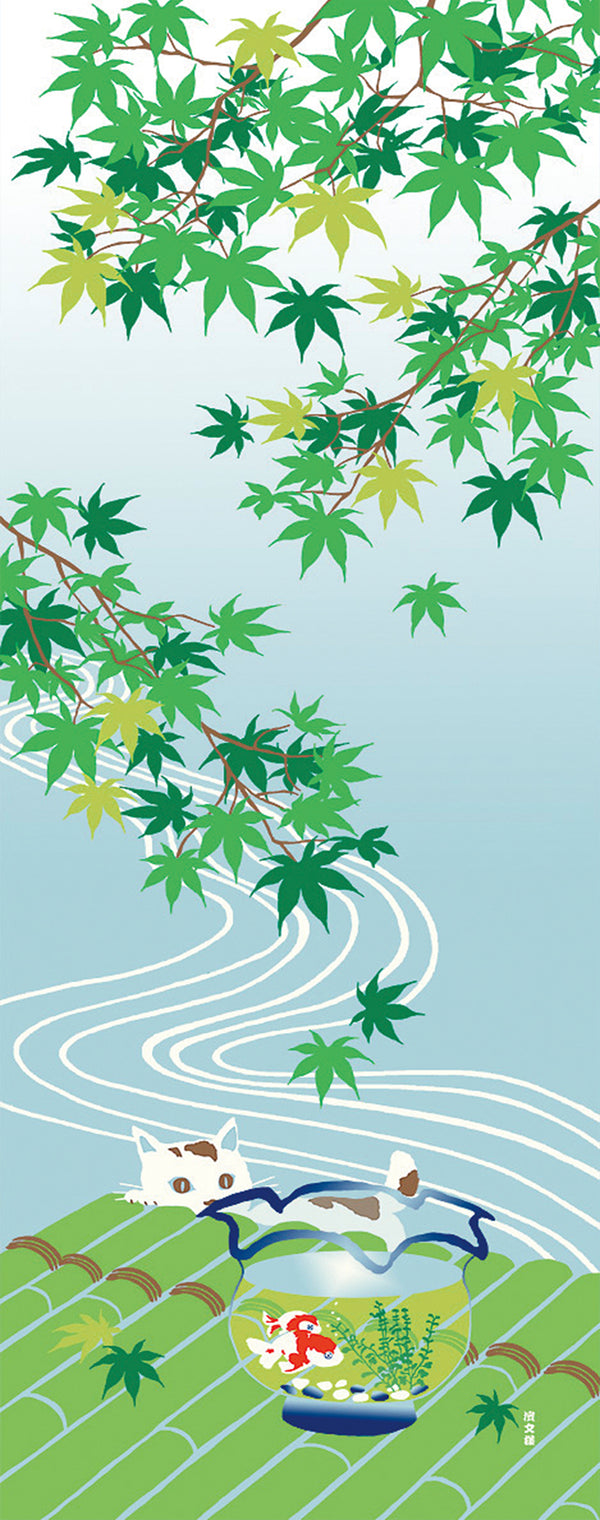 Tenugui Natsu Momiji To Kingyo Bachi Hamamonyo – Tenugui, 100 % Baumwolle, Made in Japan