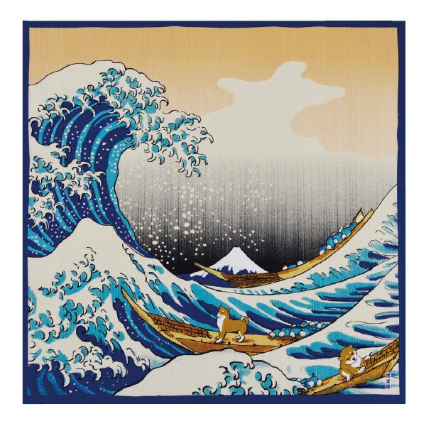 Furoshiki „Hokusai Mameshiba to Oonami“ (klein) – japanisches Furoshiki-Tuch aus Baumwolle, Gesamtansicht des Motivs