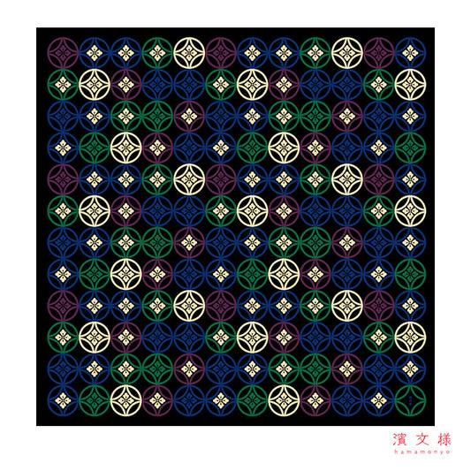 Furoshiki „Iki Shippō Kuro" (groß) – Shippō-Muster aus ineinandergreifenden Kreisen in Violett, Grün, Blau und Weiß auf Schwarz, HAMAMONYO