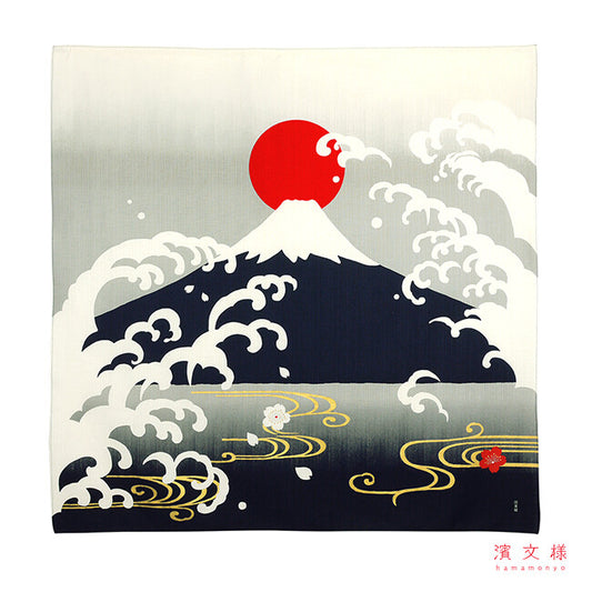 Furoshiki „Hinode Fuji Grau" (groß) – schneebedeckter Mt. Fuji mit roter aufgehender Sonne und tosenden weißen Wellen auf grauem Grund, HAMAMONYO