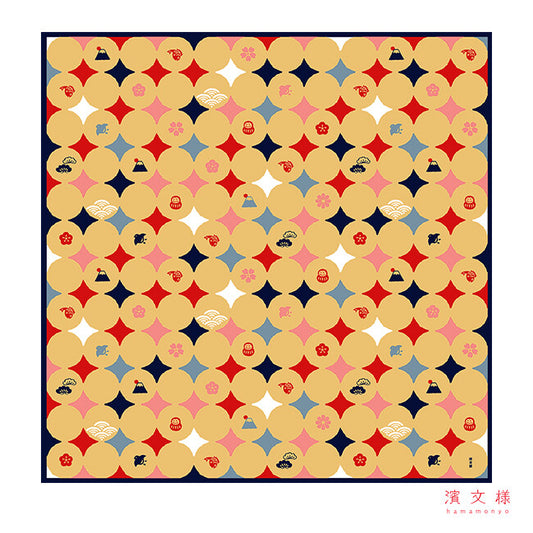 Furoshiki „Oiwai Moyō" (groß) – goldgelbe Kreise mit traditionellen Glückssymbolen wie Kranich, Daruma und Fuji auf marineblauem Grund, HAMAMONYO