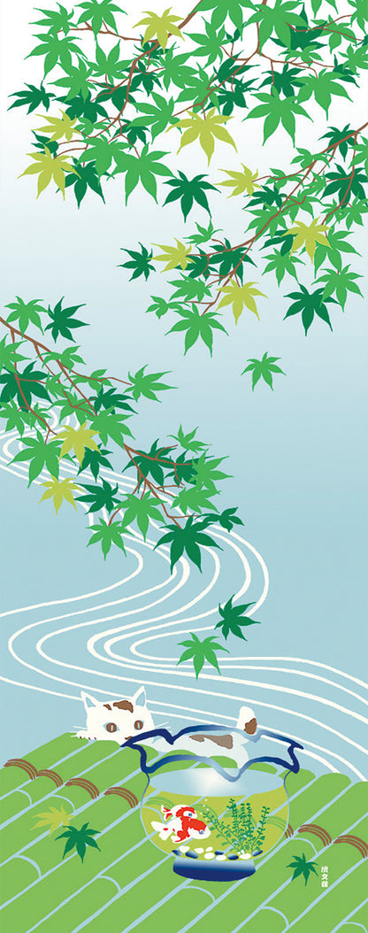 Tenugui Natsu Momiji To Kingyo Bachi Hamamonyo – Tenugui, 100 % Baumwolle, Made in Japan