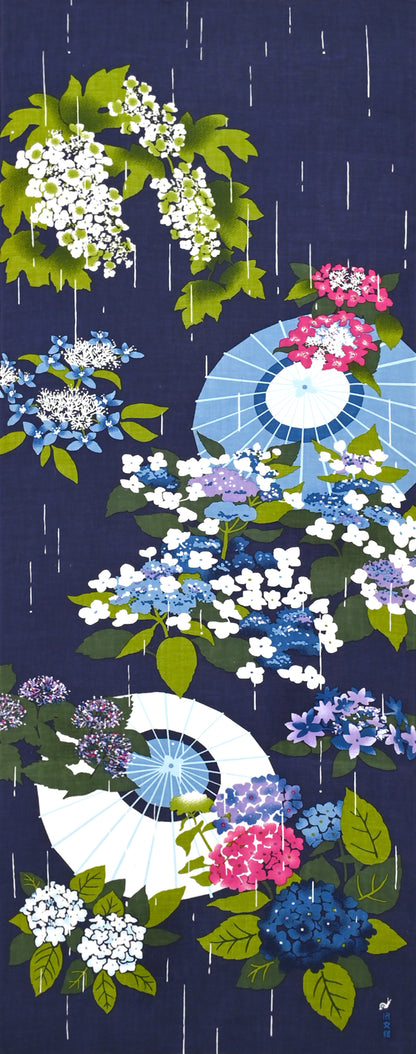 Tenugui Samidare Ni Ajisai Hamamonyo – Tenugui, 100 % Baumwolle, Made in Japan