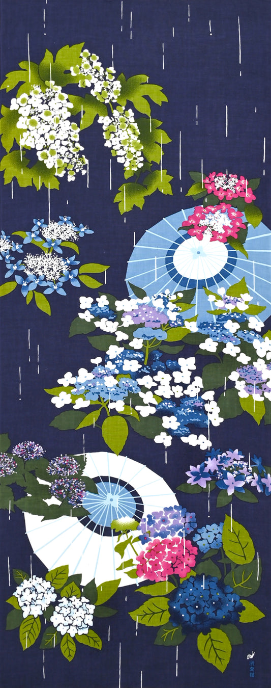 Tenugui Samidare Ni Ajisai Hamamonyo – Tenugui, 100 % Baumwolle, Made in Japan