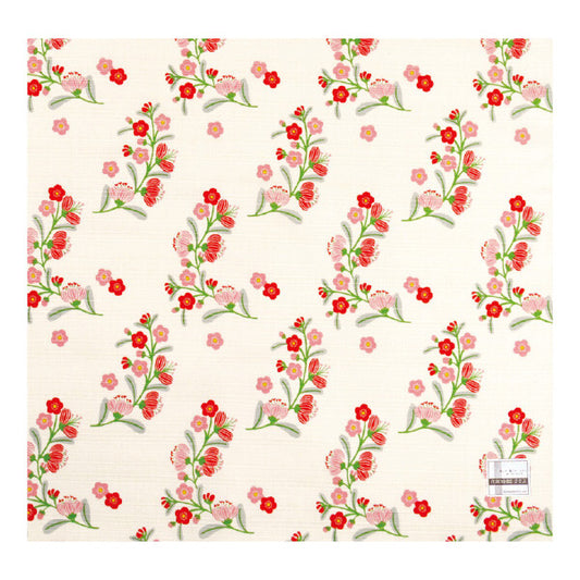 Furoshiki „Toy Flower" (groß) – verspielte rote und rosa Blumenranken mit grünen Stielen im Folk-Stil auf cremeweißem Grund, HAMAMONYO