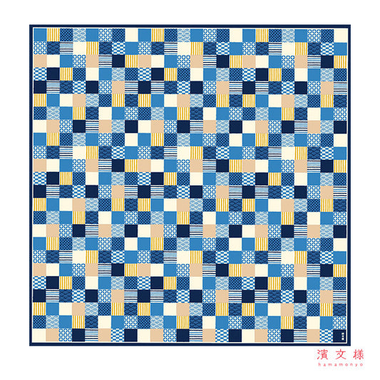 Furoshiki „Ichimatsu Komon Asobi" (groß) – Schachbrett aus verschiedenen japanischen Kleinmustern in Marineblau, Hellblau und Creme, HAMAMONYO