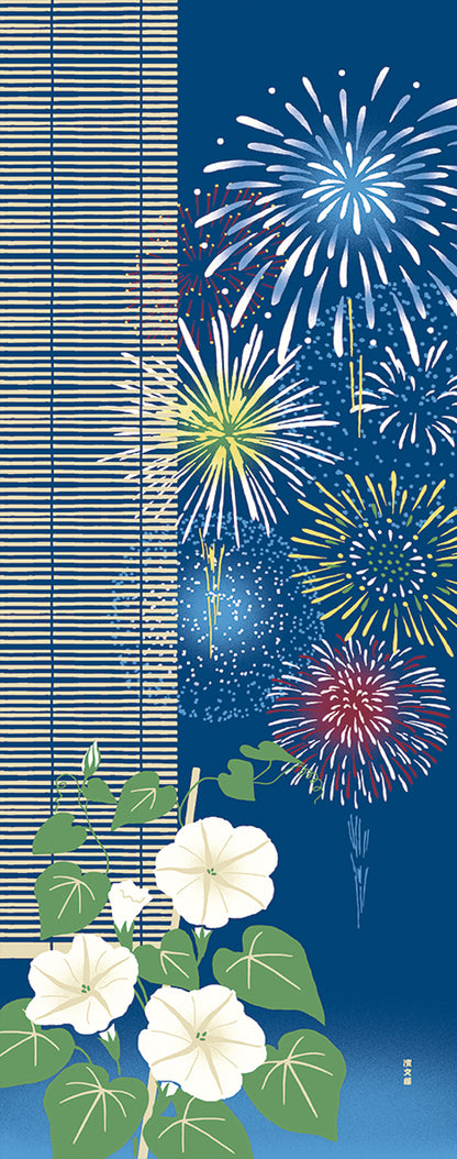 Tenugui Yogao Ni Natsu Hanabi Hamamonyo – Tenugui, 100 % Baumwolle, Made in Japan