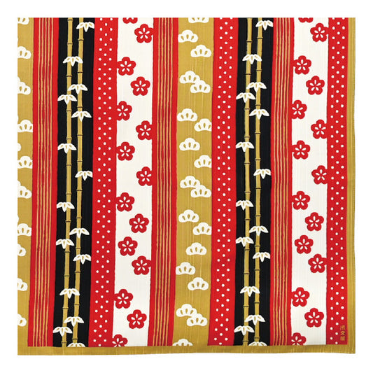 Furoshiki „Shōchikubai Shima" (groß) – vertikale Streifen mit Kiefer-, Bambus- und Pflaumenblüten-Motiven in Rot, Schwarz, Gold und Weiß, HAMAMONYO