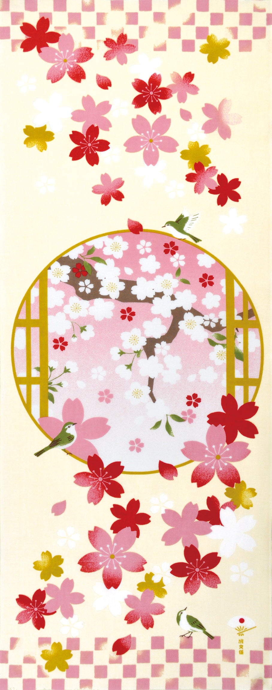 Tenugui Mai Sakura To Uguisu Hamamonyo – Tenugui, 100 % Baumwolle, Made in Japan