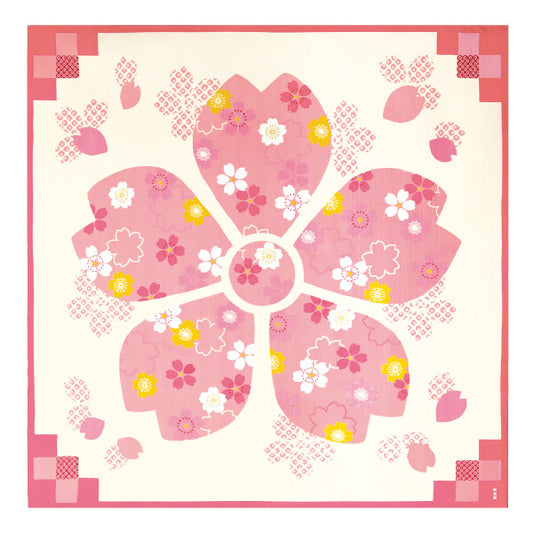 Furoshiki „Ichimatsu ni Sakura Nadeshiko" (groß) – Schachbrett-Felder mit Sakura-Blüten und Nadeshiko-Nelken in Rosa, Gelb und Weiß auf Cremegrund, HAMAMONYO