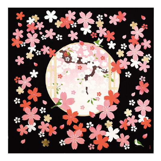 Furoshiki „Maizakura to Uguisu" (groß) – rote, rosa und weiße Kirschblüten mit Rundfenster und Japanseidensänger auf tiefschwarzem Grund, HAMAMONYO