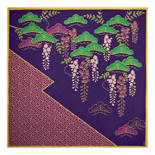 Furoshiki „Fuji to Matsu" (groß) – herabhängende rosa und lila Glyzinien mit grünen Kiefern und Sayagata-Muster auf tief violettem Grund, HAMAMONYO