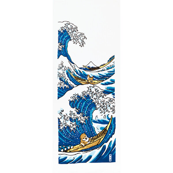 Wa-taoru „Hokusai Mameshiba to Oonami“ – japanisches Wa-taoru-Handtuch aus Baumwolle von HAMAMONYO, Gesamtansicht des Motivs